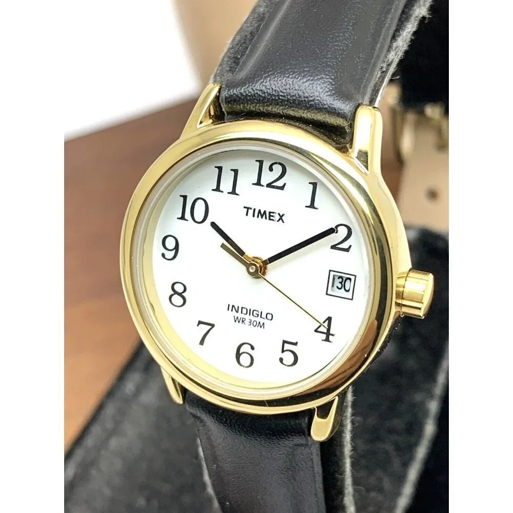 Timex Women's Watch T2H341 Indiglo Quartz Black Leather Band Petite Date 25mm